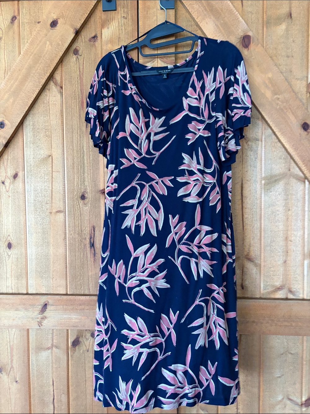 Lucky Brand Navy Midi Dress with Pink Leaf Print